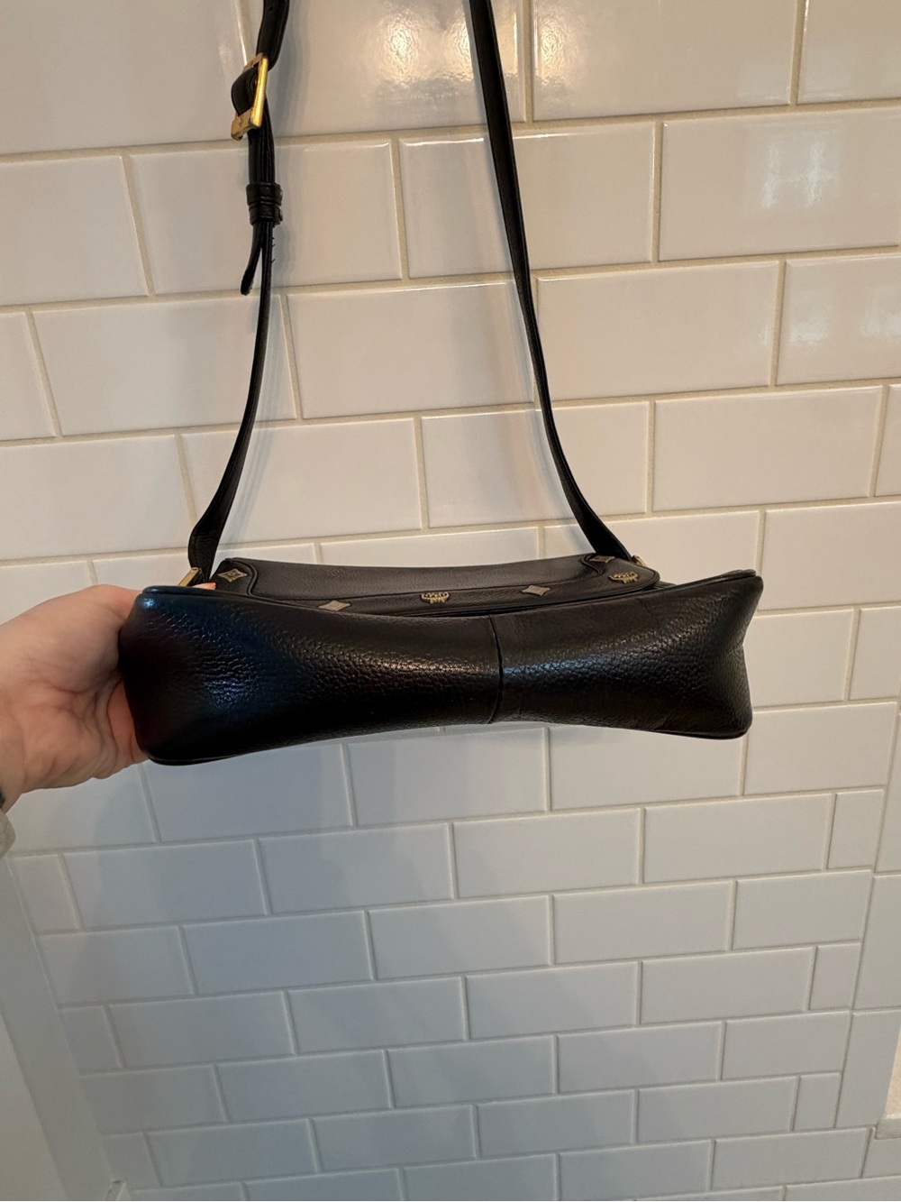 MCM Black Leather Shoulder Bag with Gold Accents - Picture 5 of 6